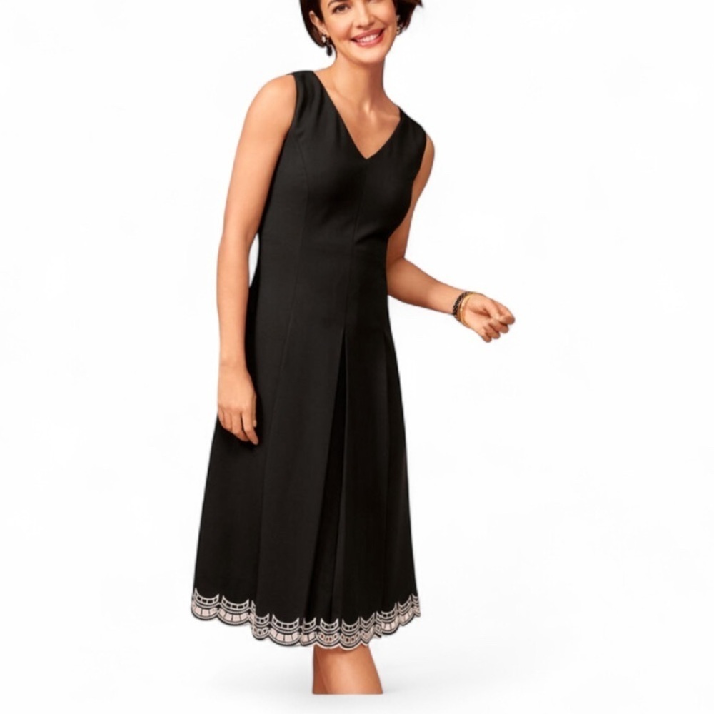 Talbots Embroidered Ponte Fit & Flare Dress Black White Women’s 8 V Neck